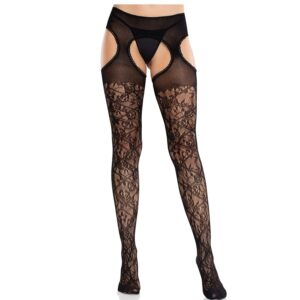 LEG AVENUE - MEDIAS DE ENCAJE FLORAL CON LIGAS UNIDAS NEGRO